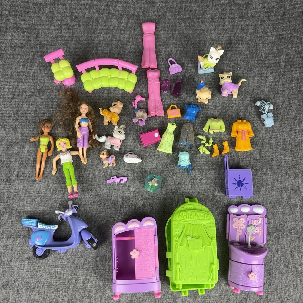 Mattel Polly Pocket PollyWorld Doll Playset Lot Scooter Pets Closet‎ Wardrobe